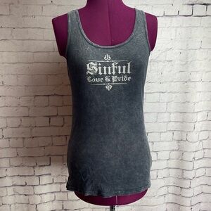 Sinful size large distressed dark gray tank top angels